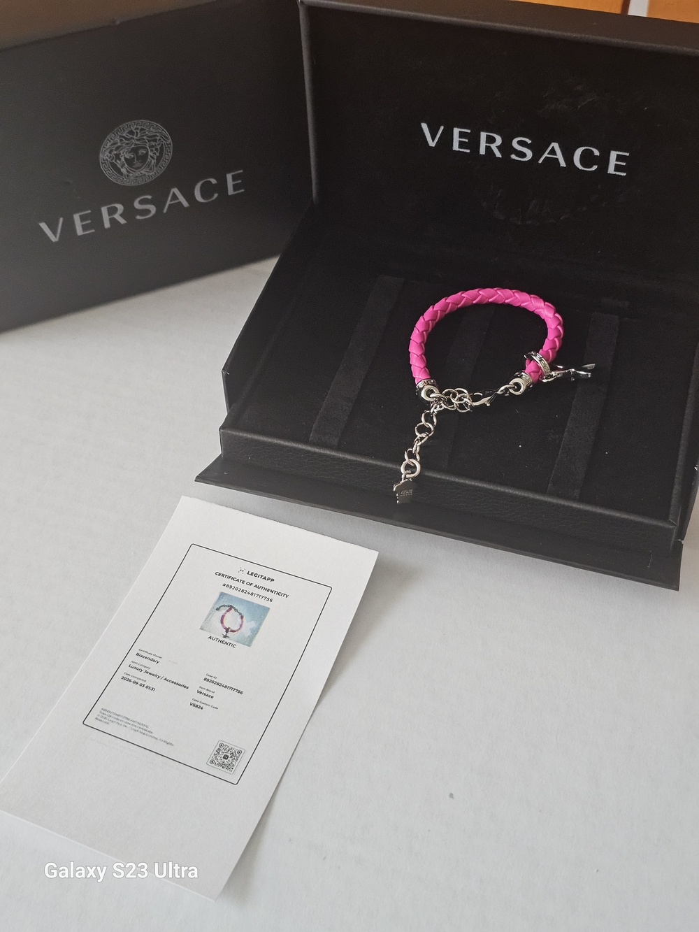 Versace Hot Pink Braided Leather Bracelet with Silver Chain